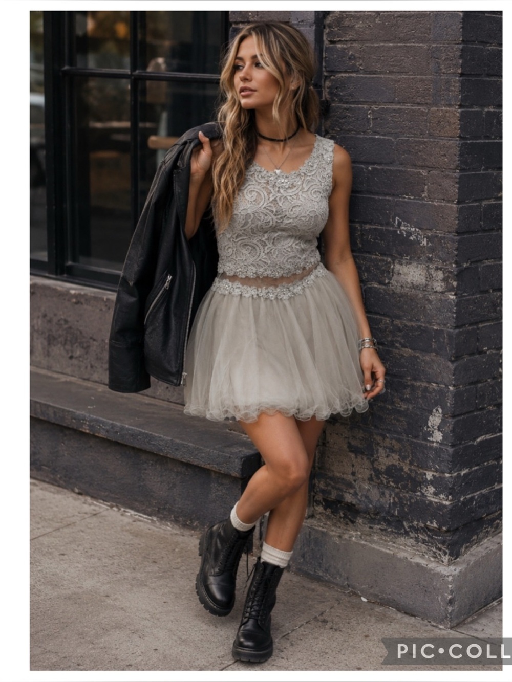 Dancing Queen Silver Gray Lace Tulle Grunge Prom Homecoming Dress L
